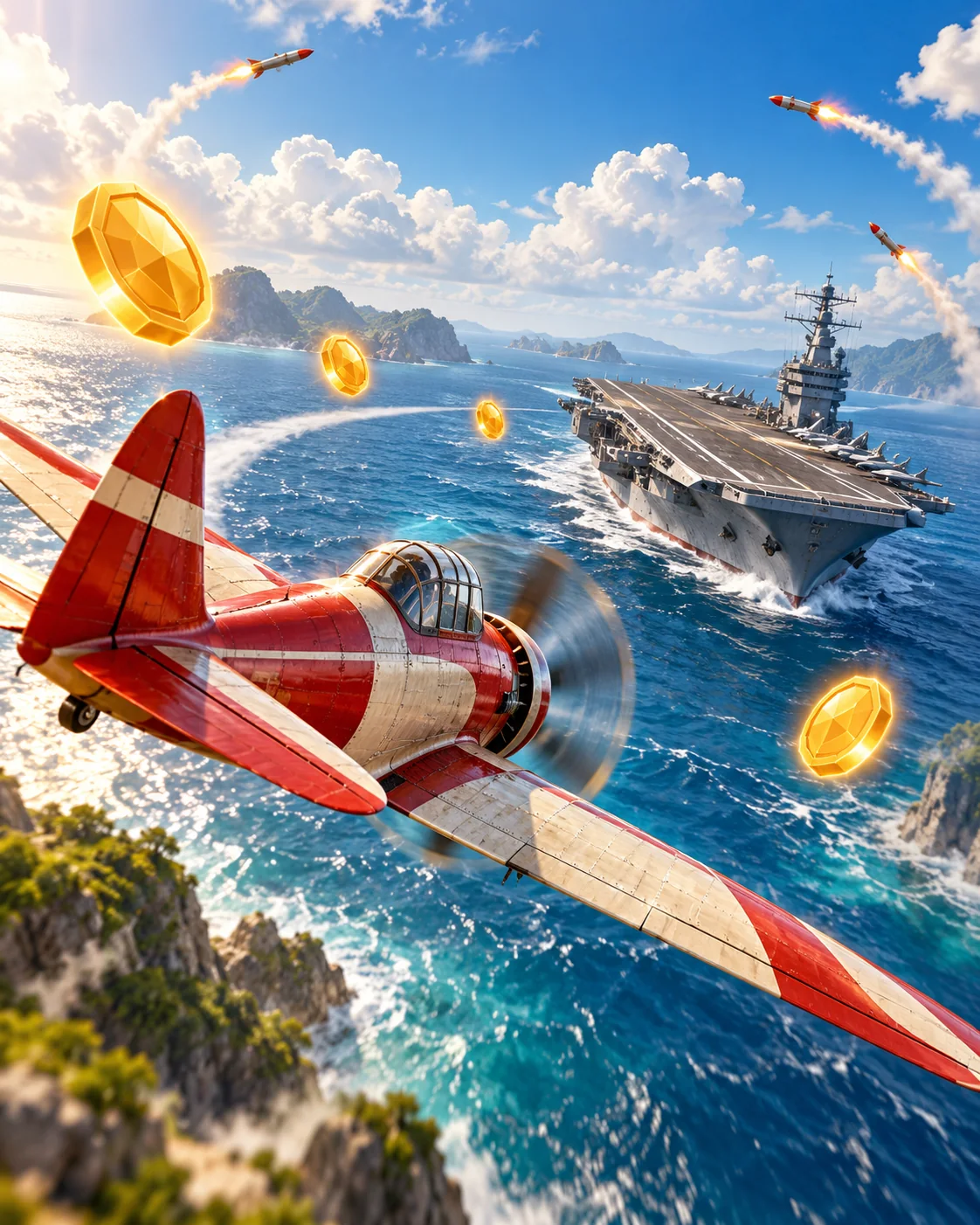Original editorial illustration showing a propeller aircraft crossing blue water toward a carrier as it encounters glowing tokens and rocket hazards