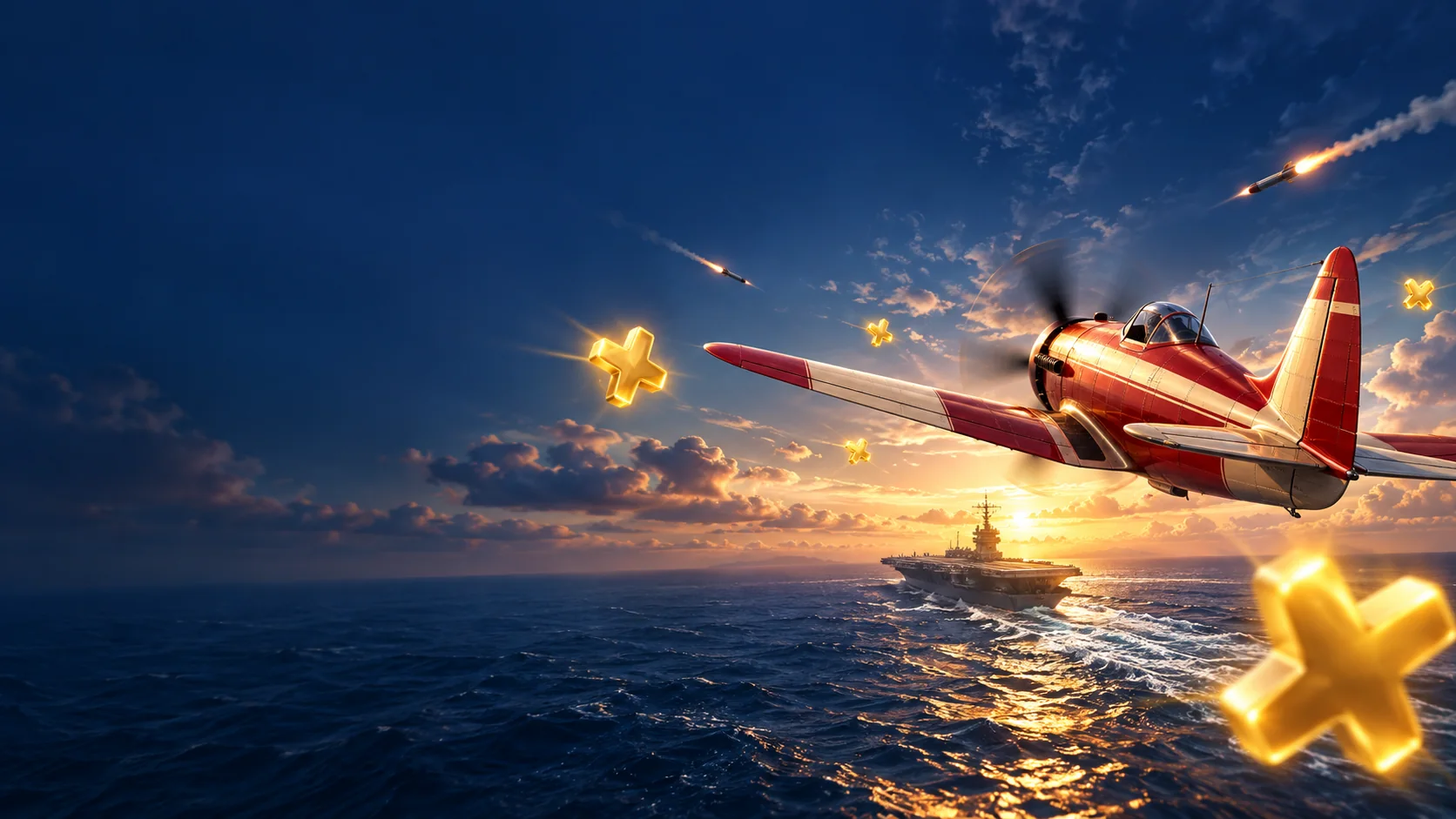 Original illustration of a red-and-cream propeller plane flying above the ocean toward an aircraft carrier, with glowing multiplier tokens and distant rockets